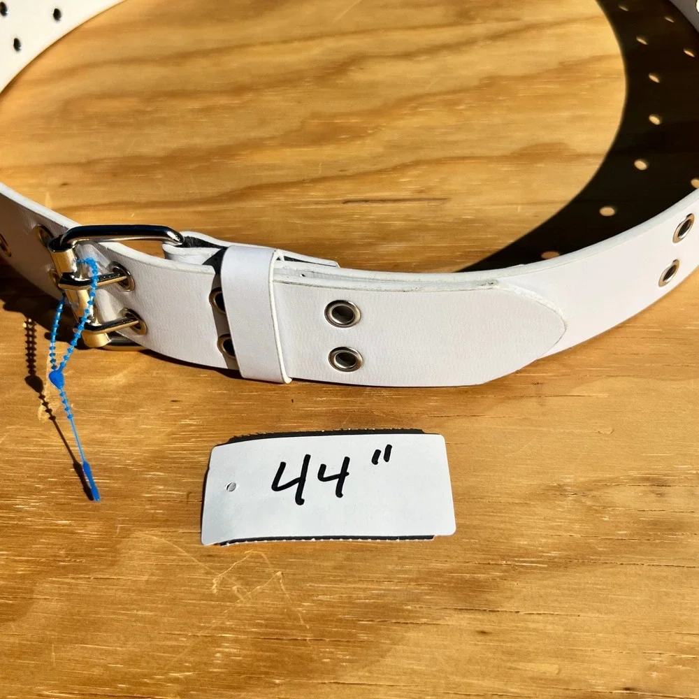 White Genuine Leather Double Grommet Belt Silver Double Prong Buckle Large 40-44